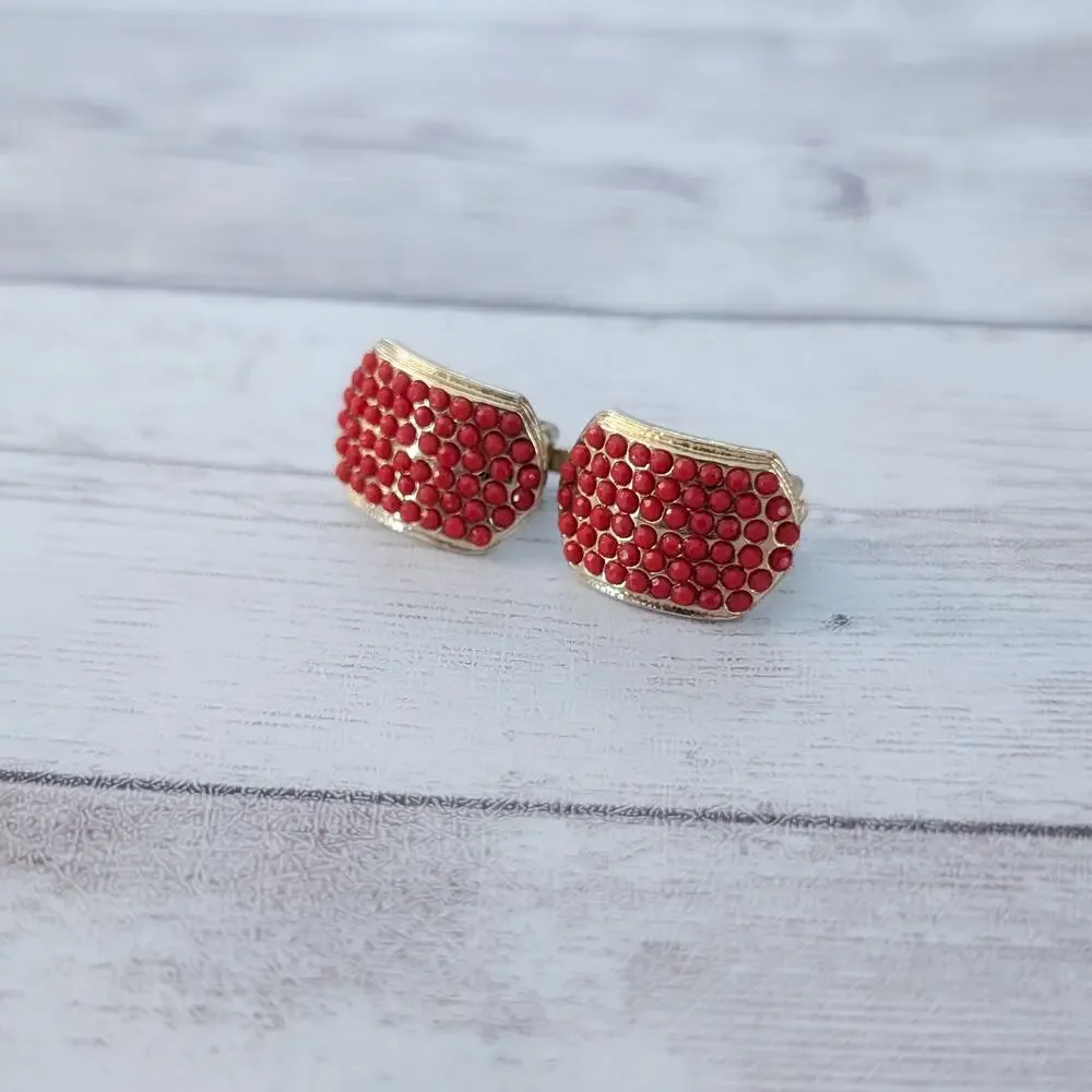 Vintage Clip On Earrings Red & Gold Tone Curved 0.75